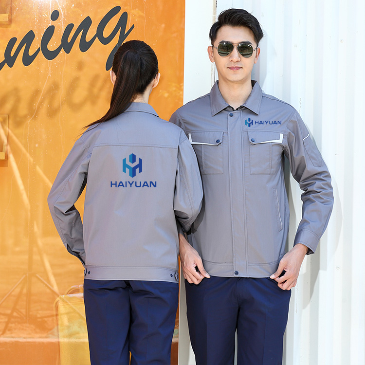 Customized mens workwear jacket with logo printed on the back for model display