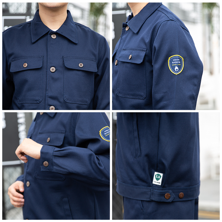 Detail display of five pocket flame retardant protective clothing