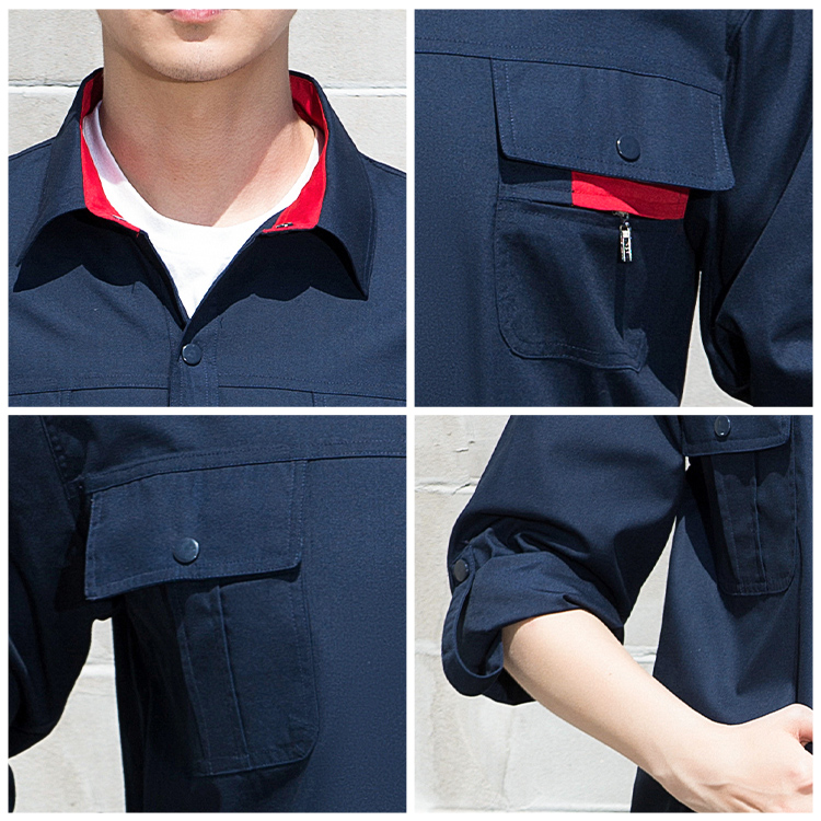 Long sleeved workwear set with collar, pocket, and cuff details displayed