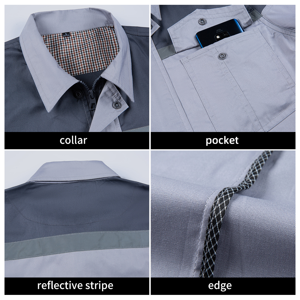 Detail display of collar, pocket, and zipper of short sleeved workwear set