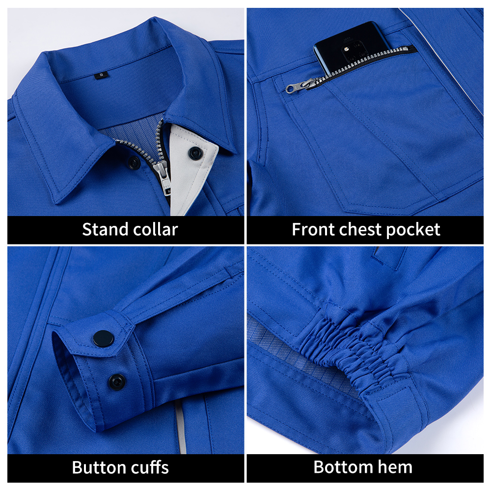 Detail display of collar, cuffs, pockets, and hem of workwear jacket