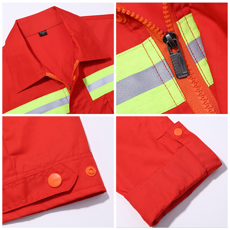 High visibility summer workwear collar, zipper, cuff details