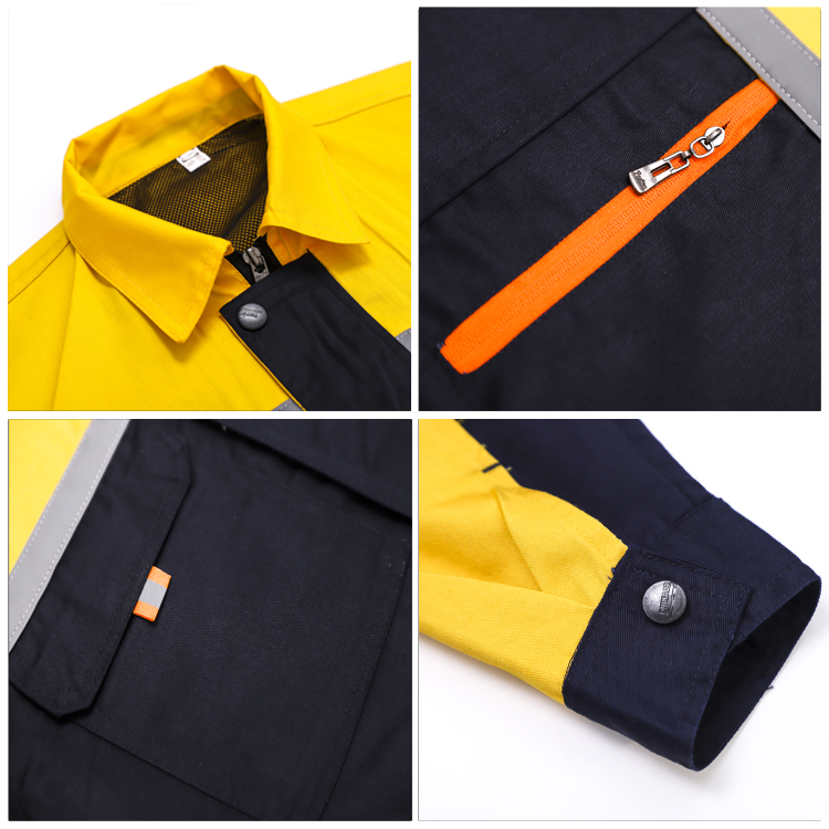 Workshop repair short sleeved workwear collar, cuffs, zippered pockets details