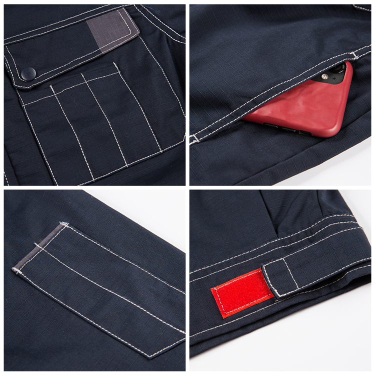 Durable denim workwear set with pockets, armbands, and hem craftsmanship details