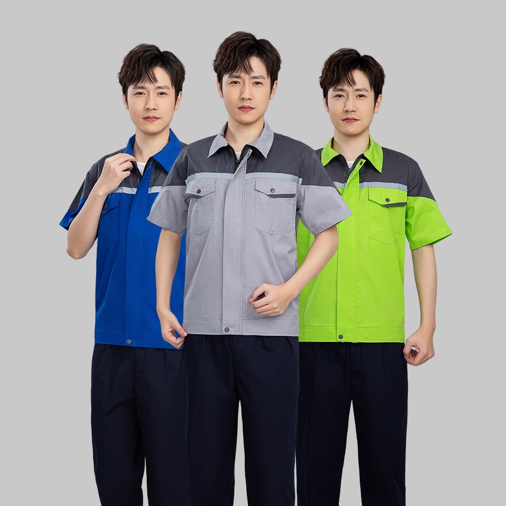 Short sleeved workwear set blue front three-dimensional view