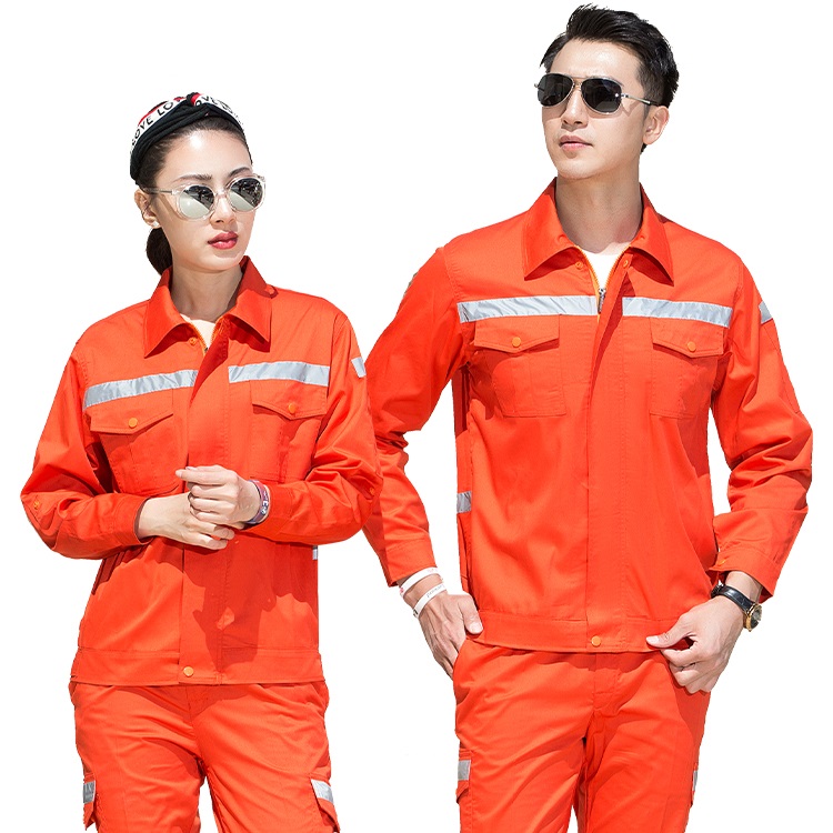 High visibility cleaning work suit set with orange three-dimensional effect display image