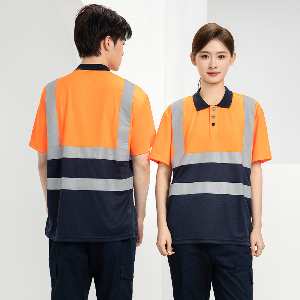 High visibility reflective polo shirt fluorescent orange front