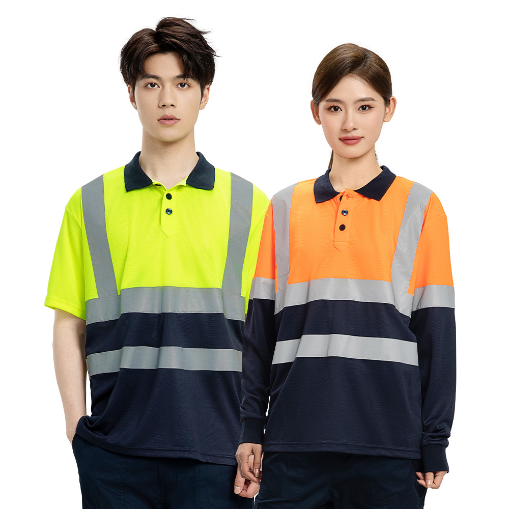 High visibility reflective polo shirt with fluorescent blue back