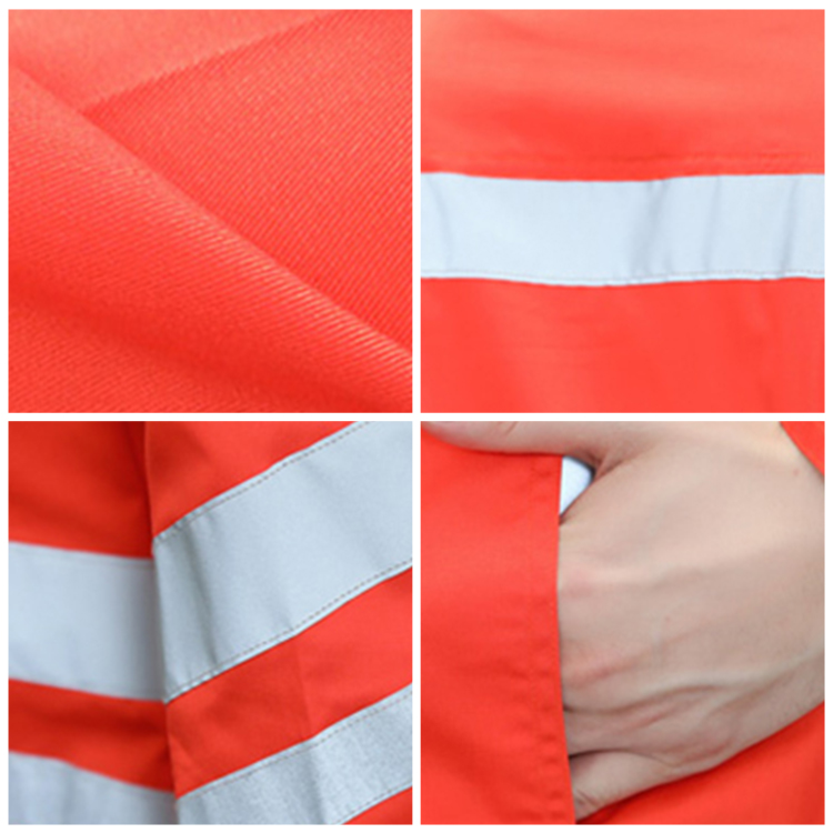 High visibility workwear jacket pants set collar, pocket, zipper details display