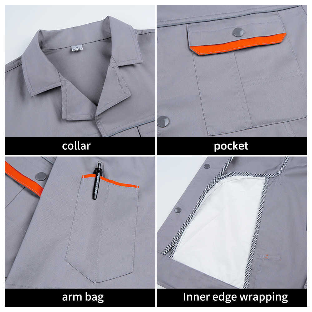 Long sleeved industrial construction workwear collar pocket stitching display