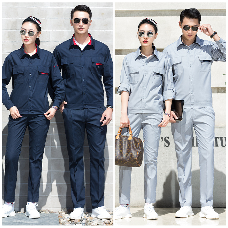 Men's and women's long sleeved workwear set light gray, navy blue three-dimensional picture