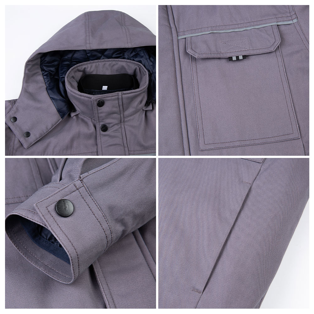 Men's cold proof work jacket, pocket collar hat cuff details