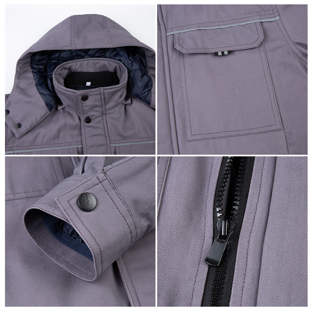 Outdoor work jacket pockets collar hat cuffs details