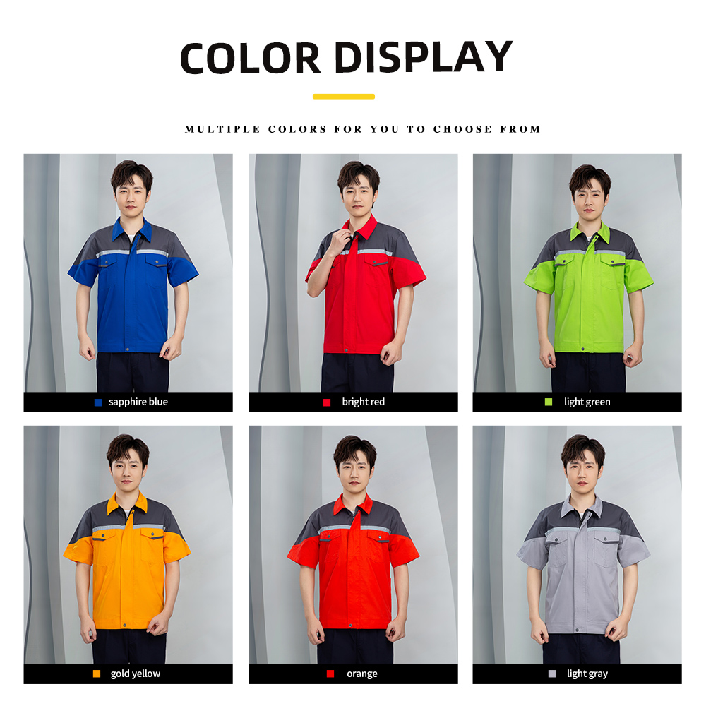 Short sleeved workwear set in blue, orange, yellow, green, gray, and blue 3D renderings