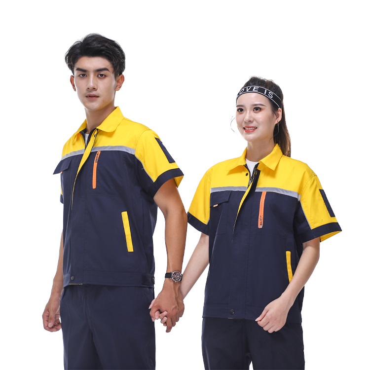 Workshop maintenance short sleeved work clothes in yellow and black color blocked style